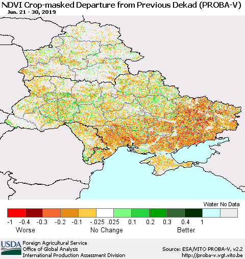 Ukraine, Moldova and Belarus NDVI Crop-masked Departure from Previous Dekad (PROBA-V) Thematic Map For 6/21/2019 - 6/30/2019