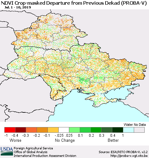 Ukraine, Moldova and Belarus NDVI Crop-masked Departure from Previous Dekad (PROBA-V) Thematic Map For 7/1/2019 - 7/10/2019