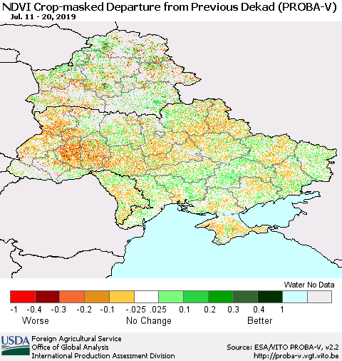 Ukraine, Moldova and Belarus NDVI Crop-masked Departure from Previous Dekad (PROBA-V) Thematic Map For 7/11/2019 - 7/20/2019