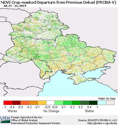 Ukraine, Moldova and Belarus NDVI Crop-masked Departure from Previous Dekad (PROBA-V) Thematic Map For 7/21/2019 - 7/31/2019