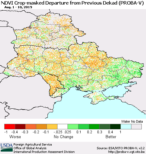 Ukraine, Moldova and Belarus NDVI Crop-masked Departure from Previous Dekad (PROBA-V) Thematic Map For 8/1/2019 - 8/10/2019