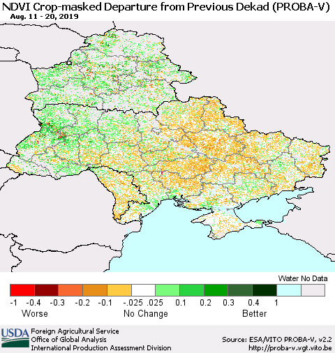 Ukraine, Moldova and Belarus NDVI Crop-masked Departure from Previous Dekad (PROBA-V) Thematic Map For 8/11/2019 - 8/20/2019