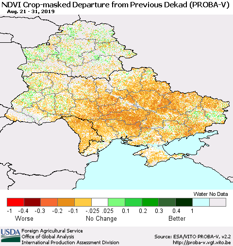 Ukraine, Moldova and Belarus NDVI Crop-masked Departure from Previous Dekad (PROBA-V) Thematic Map For 8/21/2019 - 8/31/2019