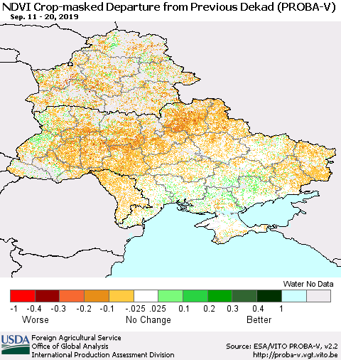 Ukraine, Moldova and Belarus NDVI Crop-masked Departure from Previous Dekad (PROBA-V) Thematic Map For 9/11/2019 - 9/20/2019
