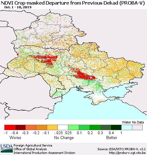 Ukraine, Moldova and Belarus NDVI Crop-masked Departure from Previous Dekad (PROBA-V) Thematic Map For 10/1/2019 - 10/10/2019