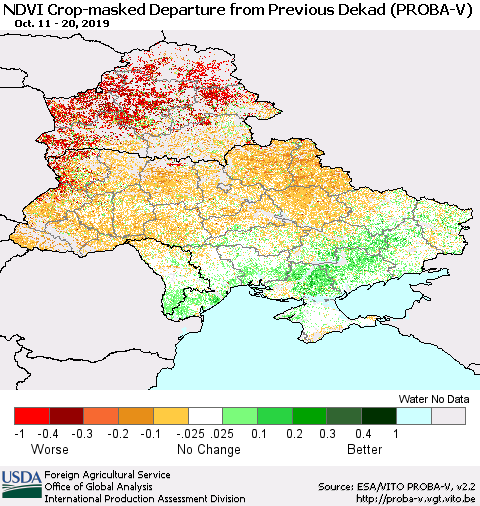 Ukraine, Moldova and Belarus NDVI Crop-masked Departure from Previous Dekad (PROBA-V) Thematic Map For 10/11/2019 - 10/20/2019