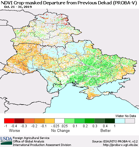 Ukraine, Moldova and Belarus NDVI Crop-masked Departure from Previous Dekad (PROBA-V) Thematic Map For 10/21/2019 - 10/31/2019