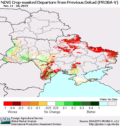 Ukraine, Moldova and Belarus NDVI Crop-masked Departure from Previous Dekad (PROBA-V) Thematic Map For 11/11/2019 - 11/20/2019
