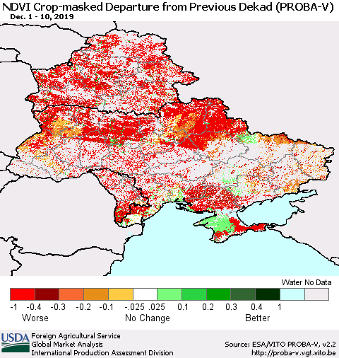 Ukraine, Moldova and Belarus NDVI Crop-masked Departure from Previous Dekad (PROBA-V) Thematic Map For 12/1/2019 - 12/10/2019