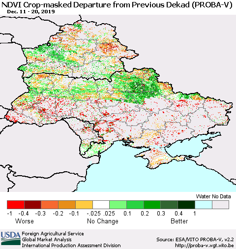 Ukraine, Moldova and Belarus NDVI Crop-masked Departure from Previous Dekad (PROBA-V) Thematic Map For 12/11/2019 - 12/20/2019