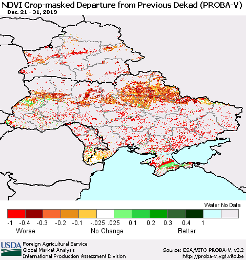 Ukraine, Moldova and Belarus NDVI Crop-masked Departure from Previous Dekad (PROBA-V) Thematic Map For 12/21/2019 - 12/31/2019