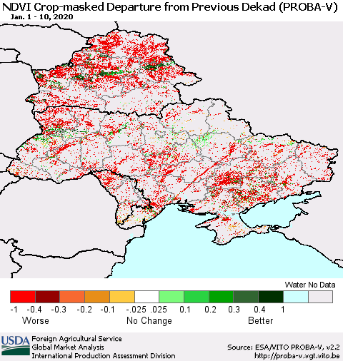 Ukraine, Moldova and Belarus NDVI Crop-masked Departure from Previous Dekad (PROBA-V) Thematic Map For 1/1/2020 - 1/10/2020