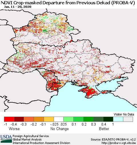 Ukraine, Moldova and Belarus NDVI Crop-masked Departure from Previous Dekad (PROBA-V) Thematic Map For 1/11/2020 - 1/20/2020