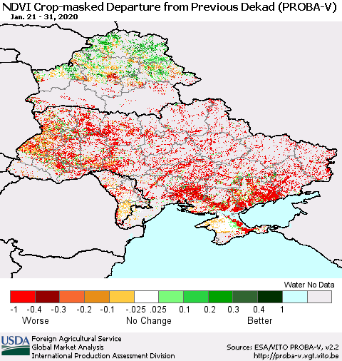 Ukraine, Moldova and Belarus NDVI Crop-masked Departure from Previous Dekad (PROBA-V) Thematic Map For 1/21/2020 - 1/31/2020