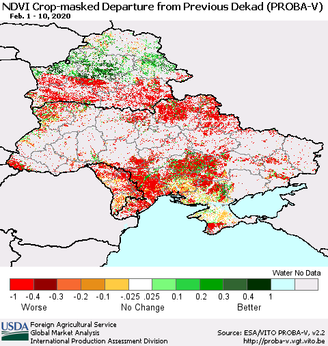 Ukraine, Moldova and Belarus NDVI Crop-masked Departure from Previous Dekad (PROBA-V) Thematic Map For 2/1/2020 - 2/10/2020