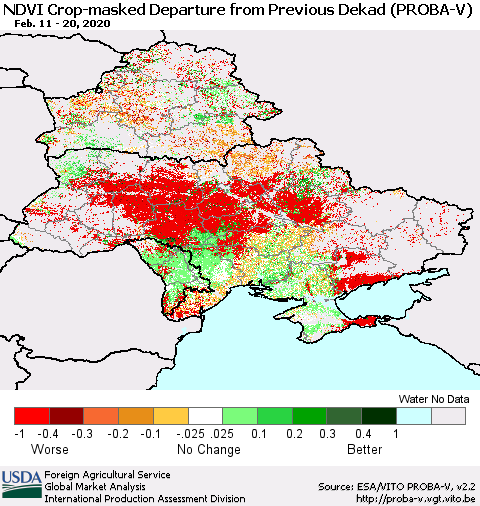 Ukraine, Moldova and Belarus NDVI Crop-masked Departure from Previous Dekad (PROBA-V) Thematic Map For 2/11/2020 - 2/20/2020