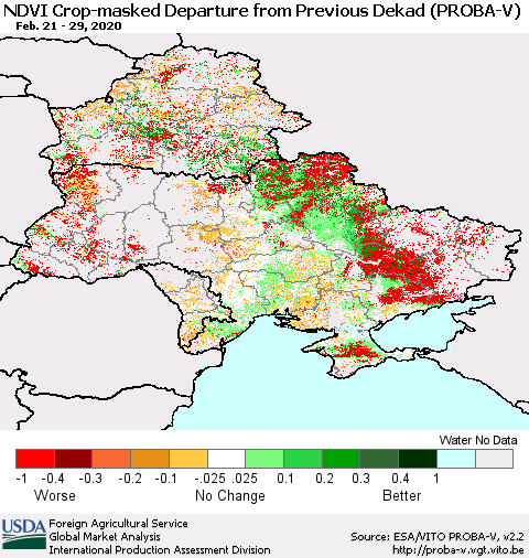 Ukraine, Moldova and Belarus NDVI Crop-masked Departure from Previous Dekad (PROBA-V) Thematic Map For 2/21/2020 - 2/29/2020