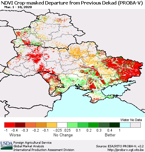 Ukraine, Moldova and Belarus NDVI Crop-masked Departure from Previous Dekad (PROBA-V) Thematic Map For 3/1/2020 - 3/10/2020