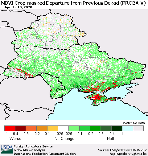 Ukraine, Moldova and Belarus NDVI Crop-masked Departure from Previous Dekad (PROBA-V) Thematic Map For 4/1/2020 - 4/10/2020