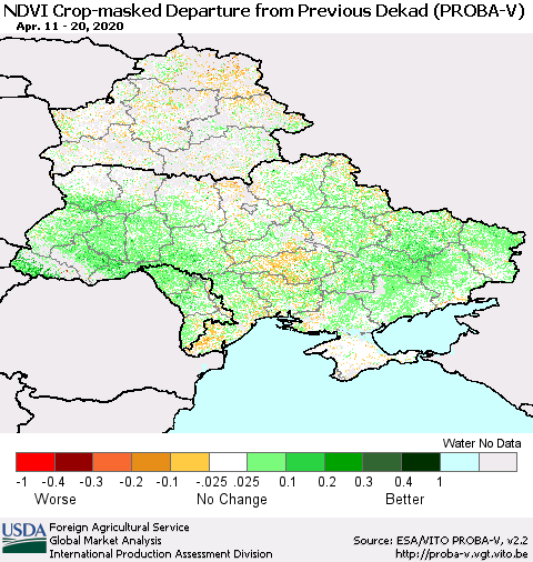 Ukraine, Moldova and Belarus NDVI Crop-masked Departure from Previous Dekad (PROBA-V) Thematic Map For 4/11/2020 - 4/20/2020