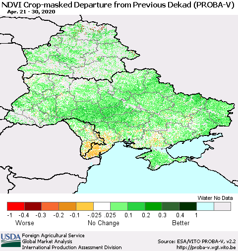 Ukraine, Moldova and Belarus NDVI Crop-masked Departure from Previous Dekad (PROBA-V) Thematic Map For 4/21/2020 - 4/30/2020