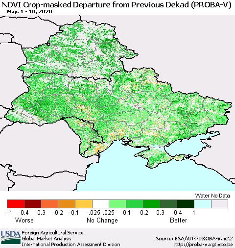 Ukraine, Moldova and Belarus NDVI Crop-masked Departure from Previous Dekad (PROBA-V) Thematic Map For 5/1/2020 - 5/10/2020
