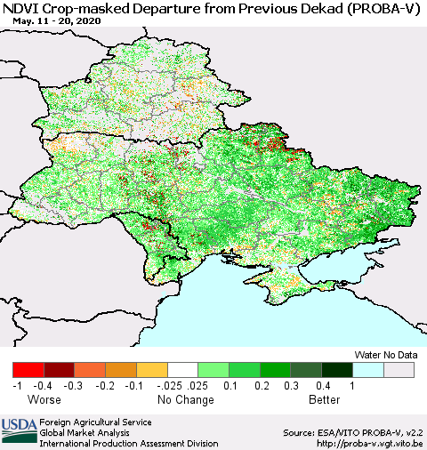 Ukraine, Moldova and Belarus NDVI Crop-masked Departure from Previous Dekad (PROBA-V) Thematic Map For 5/11/2020 - 5/20/2020