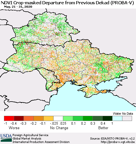 Ukraine, Moldova and Belarus NDVI Crop-masked Departure from Previous Dekad (PROBA-V) Thematic Map For 5/21/2020 - 5/31/2020