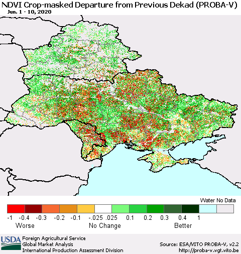 Ukraine, Moldova and Belarus NDVI Crop-masked Departure from Previous Dekad (PROBA-V) Thematic Map For 6/1/2020 - 6/10/2020