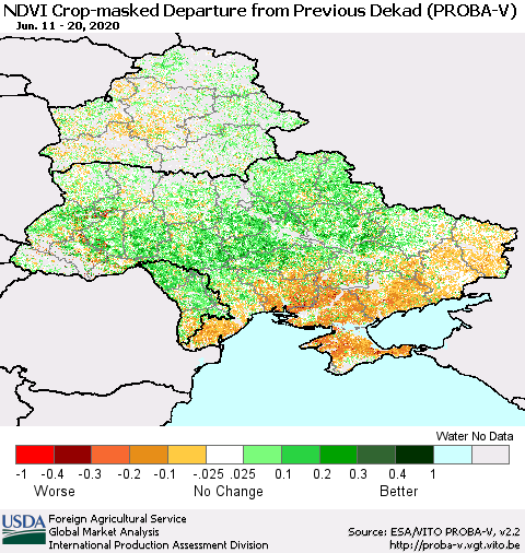 Ukraine, Moldova and Belarus NDVI Crop-masked Departure from Previous Dekad (PROBA-V) Thematic Map For 6/11/2020 - 6/20/2020