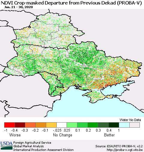 Ukraine, Moldova and Belarus NDVI Crop-masked Departure from Previous Dekad (PROBA-V) Thematic Map For 6/21/2020 - 6/30/2020