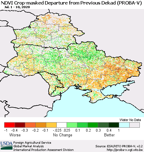 Ukraine, Moldova and Belarus NDVI Crop-masked Departure from Previous Dekad (PROBA-V) Thematic Map For 7/1/2020 - 7/10/2020