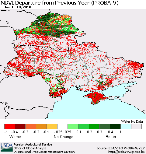 Ukraine, Moldova and Belarus NDVI Departure from Previous Year (PROBA-V) Thematic Map For 1/1/2018 - 1/10/2018