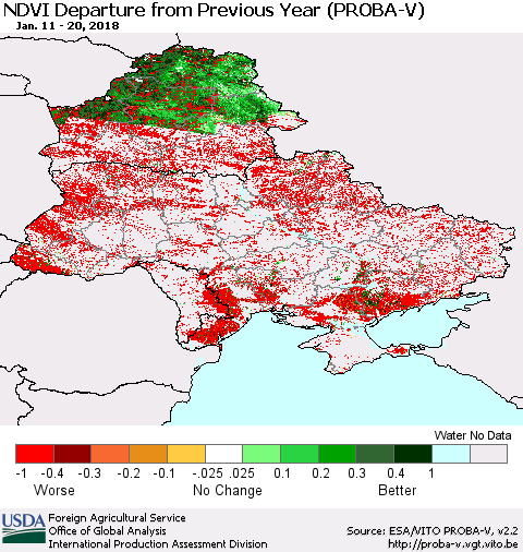 Ukraine, Moldova and Belarus NDVI Departure from Previous Year (PROBA-V) Thematic Map For 1/11/2018 - 1/20/2018