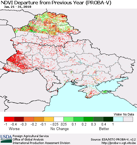 Ukraine, Moldova and Belarus NDVI Departure from Previous Year (PROBA-V) Thematic Map For 1/21/2018 - 1/31/2018