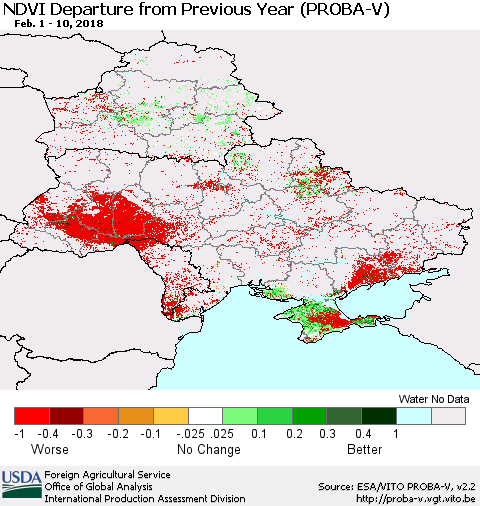 Ukraine, Moldova and Belarus NDVI Departure from Previous Year (PROBA-V) Thematic Map For 2/1/2018 - 2/10/2018
