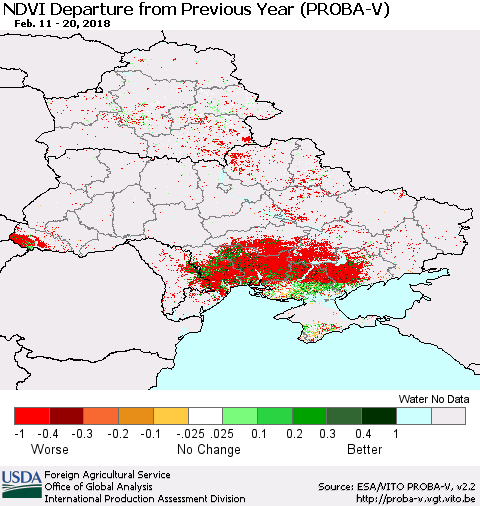 Ukraine, Moldova and Belarus NDVI Departure from Previous Year (PROBA-V) Thematic Map For 2/11/2018 - 2/20/2018