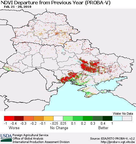 Ukraine, Moldova and Belarus NDVI Departure from Previous Year (PROBA-V) Thematic Map For 2/21/2018 - 2/28/2018