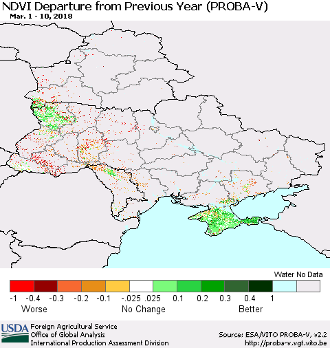 Ukraine, Moldova and Belarus NDVI Departure from Previous Year (PROBA-V) Thematic Map For 3/1/2018 - 3/10/2018