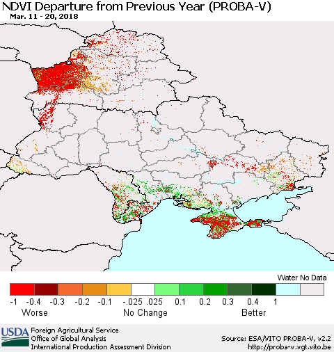 Ukraine, Moldova and Belarus NDVI Departure from Previous Year (PROBA-V) Thematic Map For 3/11/2018 - 3/20/2018