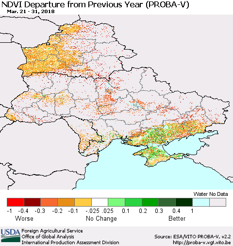 Ukraine, Moldova and Belarus NDVI Departure from Previous Year (PROBA-V) Thematic Map For 3/21/2018 - 3/31/2018