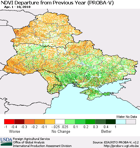 Ukraine, Moldova and Belarus NDVI Departure from Previous Year (PROBA-V) Thematic Map For 4/1/2018 - 4/10/2018