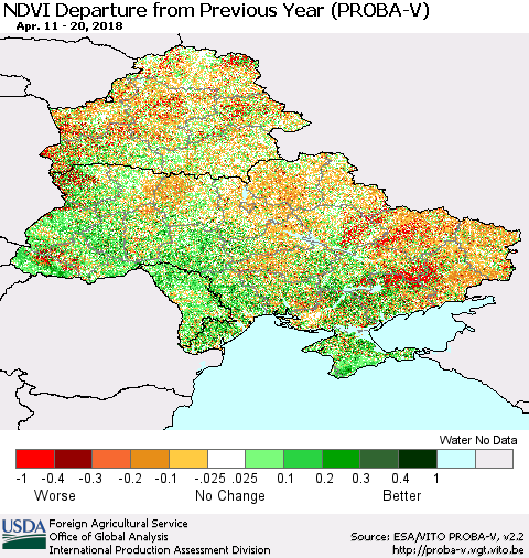 Ukraine, Moldova and Belarus NDVI Departure from Previous Year (PROBA-V) Thematic Map For 4/11/2018 - 4/20/2018