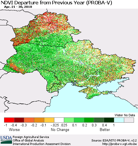 Ukraine, Moldova and Belarus NDVI Departure from Previous Year (PROBA-V) Thematic Map For 4/21/2018 - 4/30/2018