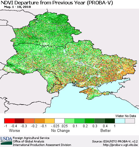 Ukraine, Moldova and Belarus NDVI Departure from Previous Year (PROBA-V) Thematic Map For 5/1/2018 - 5/10/2018