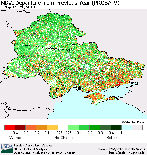 Ukraine, Moldova and Belarus NDVI Departure from Previous Year (PROBA-V) Thematic Map For 5/11/2018 - 5/20/2018