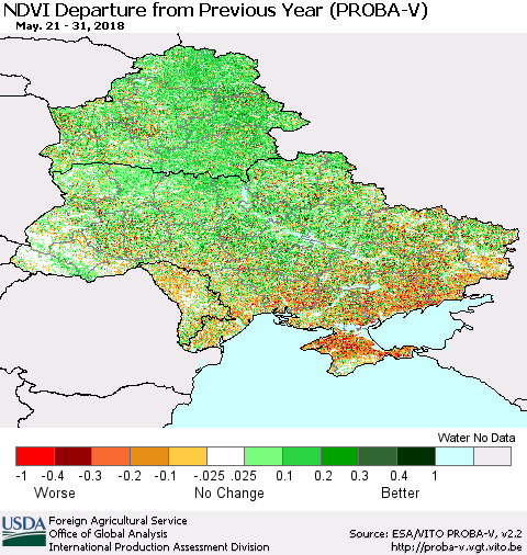 Ukraine, Moldova and Belarus NDVI Departure from Previous Year (PROBA-V) Thematic Map For 5/21/2018 - 5/31/2018