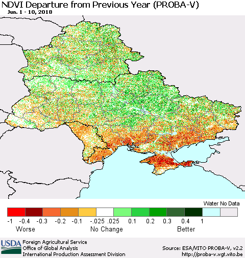 Ukraine, Moldova and Belarus NDVI Departure from Previous Year (PROBA-V) Thematic Map For 6/1/2018 - 6/10/2018