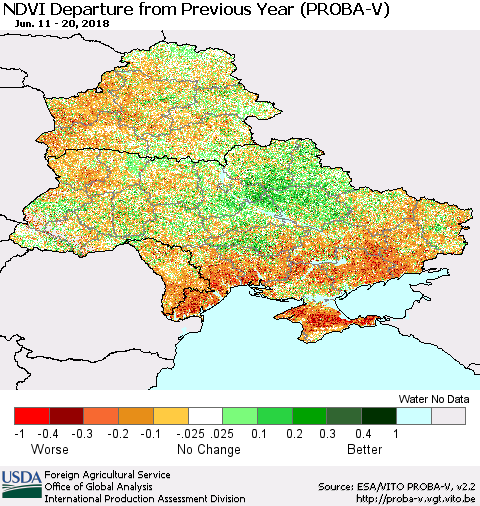 Ukraine, Moldova and Belarus NDVI Departure from Previous Year (PROBA-V) Thematic Map For 6/11/2018 - 6/20/2018