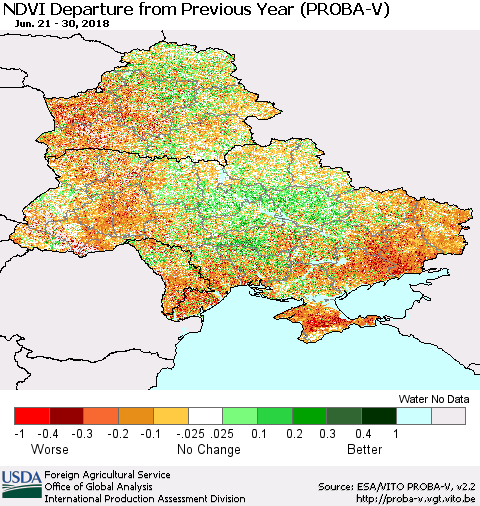 Ukraine, Moldova and Belarus NDVI Departure from Previous Year (PROBA-V) Thematic Map For 6/21/2018 - 6/30/2018